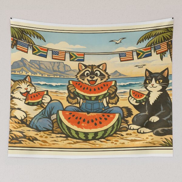 Item preview, 4th of July Watermelon Cats Beach Woodblock Sticker designed and sold by Tijger Cats.