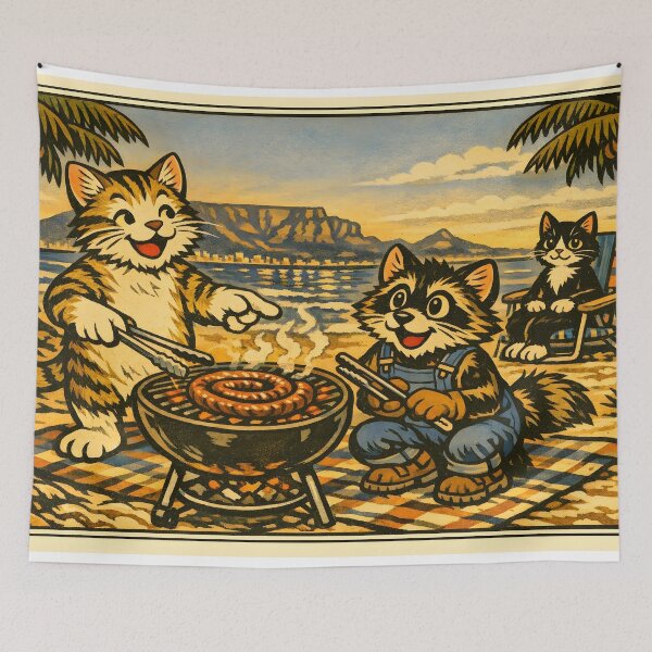 Item preview, 4th of July Sausage Cookout Cat Beach Sticker designed and sold by Tijger Cats.