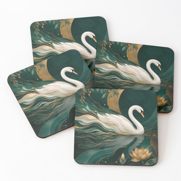 Item preview, Mystical White Swan in Emerald Lake with Golden Lotus designed and sold by ms_illustration.