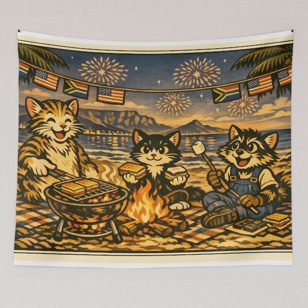 Item preview, 4th of July S’mores Campfire Cat Beach Sticker designed and sold by Tijger Cats.