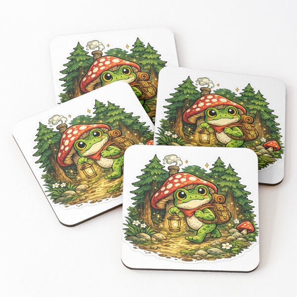 Item preview,  Frog holding lantern walking through magical forest– Whimsical Fantasy Cartoon Adventure designed and sold by ArtsyExplorer.