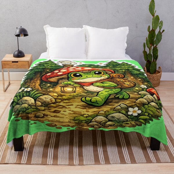 Item preview,  Frog holding lantern walking through magical forest– Whimsical Fantasy Cartoon Adventure designed and sold by ArtsyExplorer.