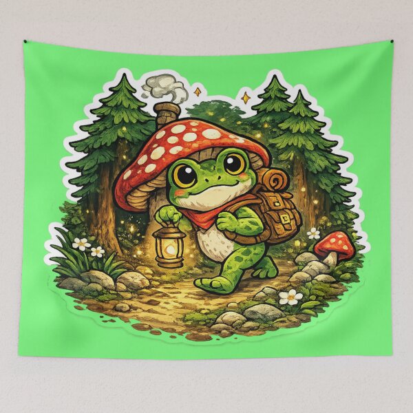 Item preview,  Frog holding lantern walking through magical forest– Whimsical Fantasy Cartoon Adventure designed and sold by ArtsyExplorer.