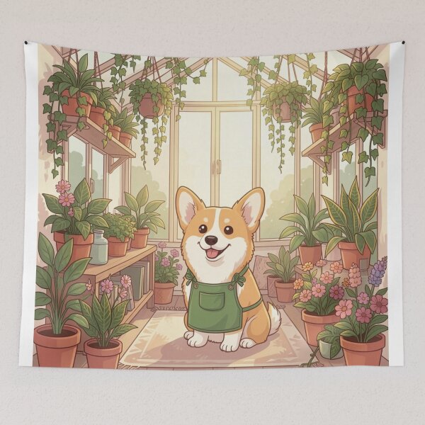 Item preview, Cute Kawaii Corgi Dog in Aesthetic Greenhouse Room designed and sold by SoftAuraStudi0.