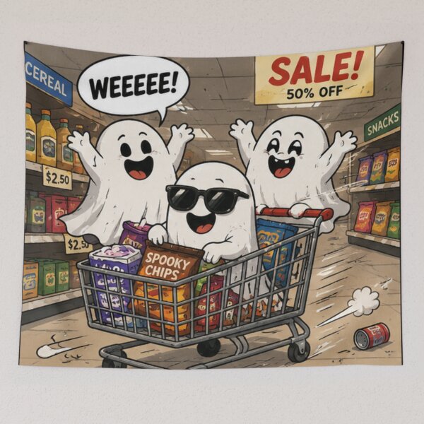Item preview, Funny Ghost Shopping Spree Halloween T-Shirt – “Weeeee!” Sale Design designed and sold by BlackBoneArt.