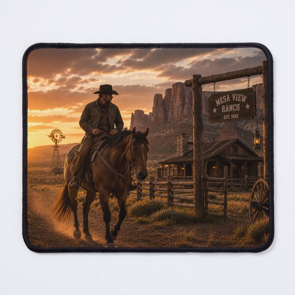 Item preview, Cowboy at Mesa View Ranch – Western Sunset Horse Artwork designed and sold by QuarterHorseArt by Just my Studio.