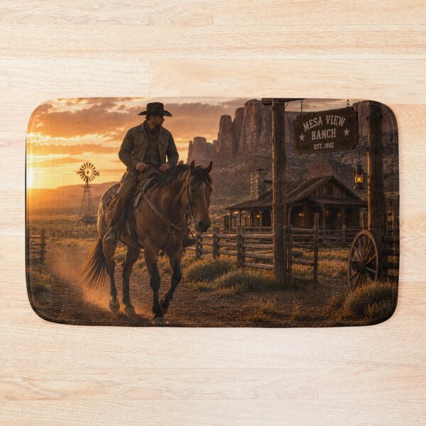 Item preview, Cowboy at Mesa View Ranch – Western Sunset Horse Artwork designed and sold by  QuarterHorseArt by Just my Studio.