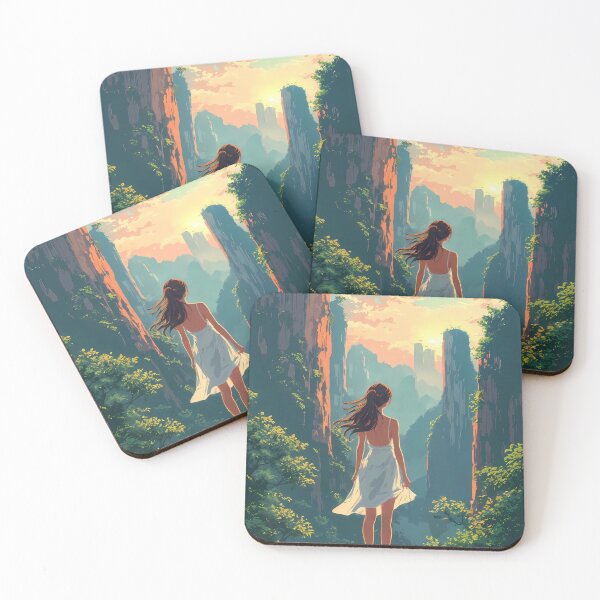 Item preview, Dreamy Anime Girl Gazing at Zhangjiajie Peaks Pastel Sunset Illustration designed and sold by JacksoonLester.