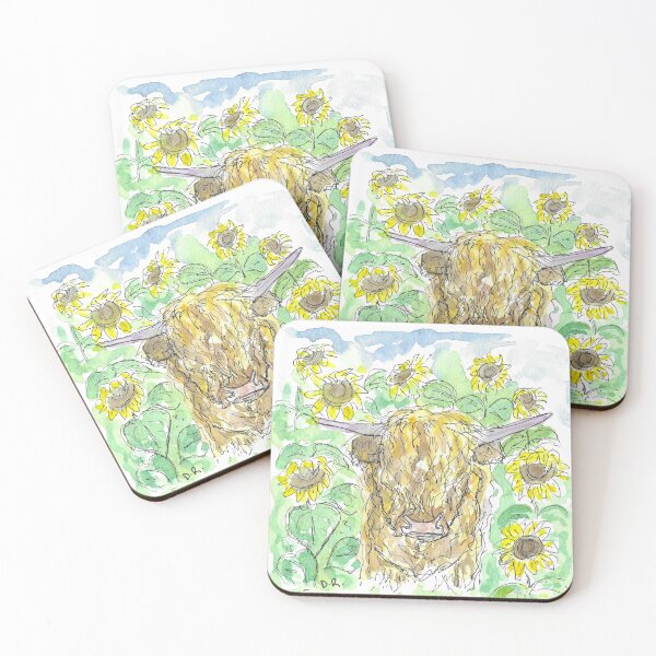 Item preview, Highland Cow in Sunflowers illustration. Original art. designed and sold by DebTheZeb.