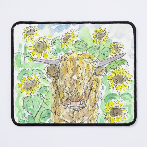 Item preview, Highland Cow in Sunflowers illustration. Original art. designed and sold by DebTheZeb.