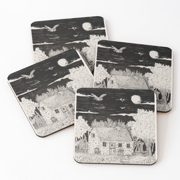 Item preview, Moonlit Cottage Forest Illustration | Dark Cottagecore Art Print | Gothic Nature Drawing | Owl Night Sky Ink Artwork designed and sold by Wall-Art-Sketch.