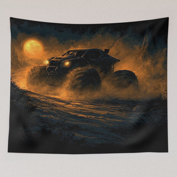 Item preview, Silhouetted Truck Against Orange Sunset Fog designed and sold by Piotrek0001.