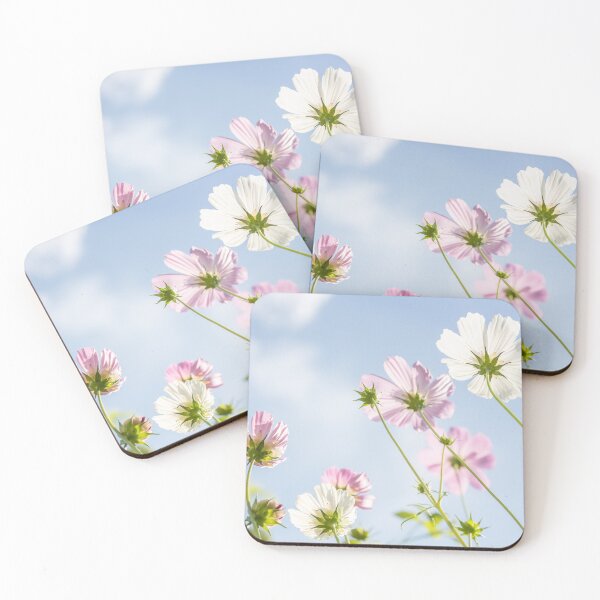 Item preview, Pink and white cosmos flowers on background of blue sky and clouds designed and sold by TanalyFlowers.