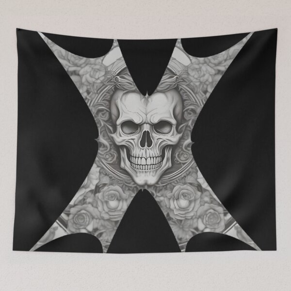 Item preview, Gothic Skull and Roses Engraving - Geometric Spiky X Shield Art designed and sold by DarkOriginArts.