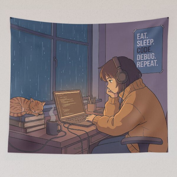 Item preview, Lo-fi Coder Sanctuary - Eat Sleep Code Debug Repeat - Full Desktop Art designed and sold by Osmose-Studio.