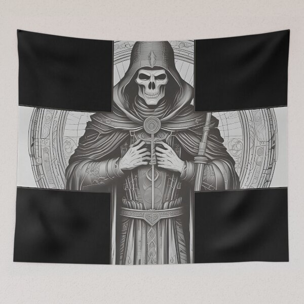 Item preview, Gothic Grim Reaper in Cross - Dark Occult Necromancer Engraving designed and sold by DarkOriginArts.