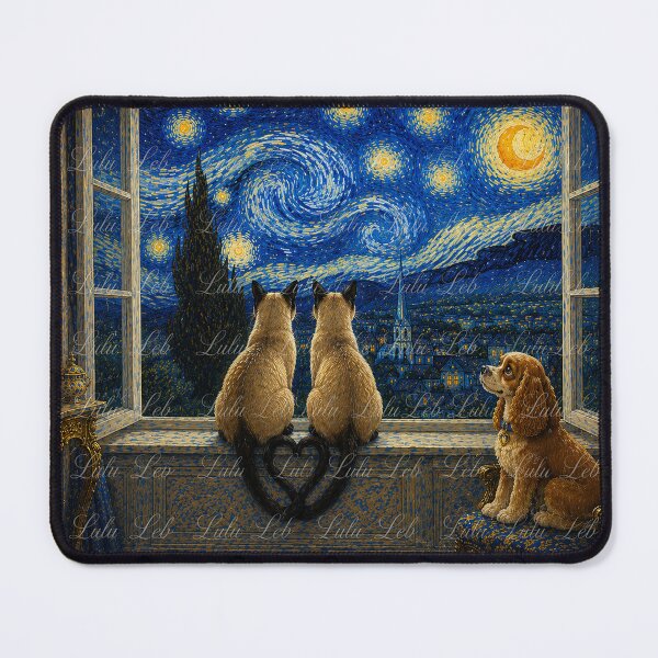 Item preview, Siamese Cats and Cocker Spaniel Under Starry Night designed and sold by LuluLeb.