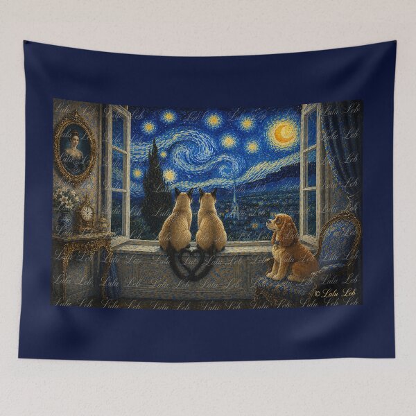 Item preview, Siamese Cats and Cocker Spaniel Under Starry Night designed and sold by LuluLeb.