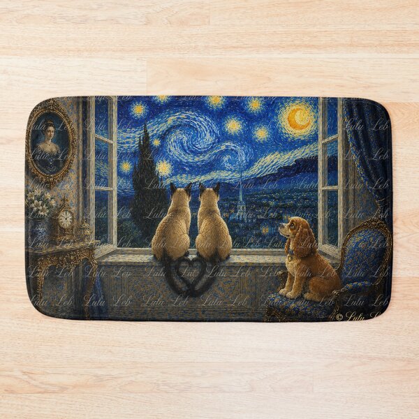 Item preview, Siamese Cats and Cocker Spaniel Under Starry Night designed and sold by LuluLeb.