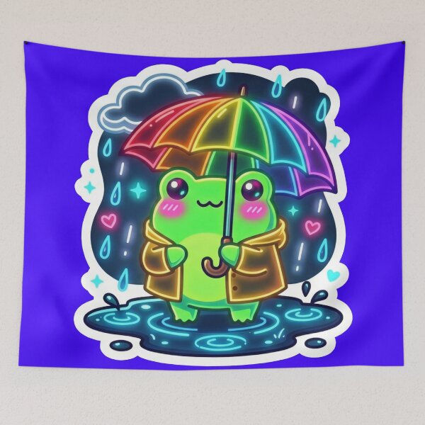 Item preview, Neon Frog with rainbow umbrella  – Cute Rainy Day Cartoon Aesthetic designed and sold by ArtsyExplorer.