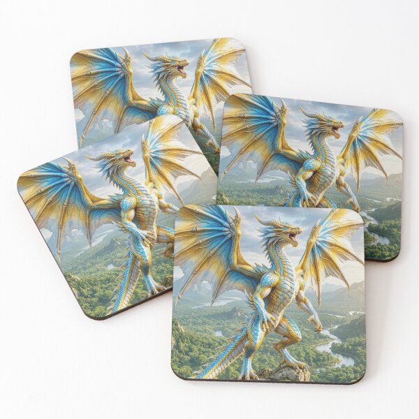 Item preview, Blue and Gold Dragon Fantasy Art | Majestic Dragon Mountain Wall Art designed and sold by DrakariArt.