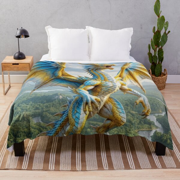 Item preview, Blue and Gold Dragon Fantasy Art | Majestic Dragon Mountain Wall Art designed and sold by DrakariArt.