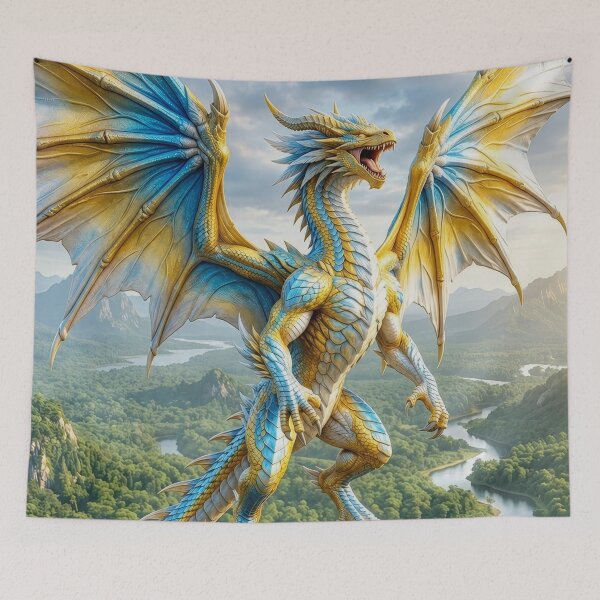 Item preview, Blue and Gold Dragon Fantasy Art | Majestic Dragon Mountain Wall Art designed and sold by DrakariArt.