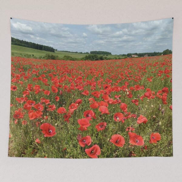 Item preview, Red poppy field landscape under summer sky. designed and sold by MyHappyArtShop.