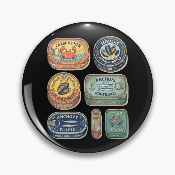 Item preview, Mid Century Colorful Canned Seafood Flatlay designed and sold by CRAZY&ART.