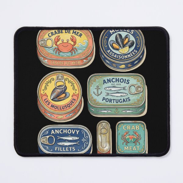Item preview, Mid Century Colorful Canned Seafood Flatlay designed and sold by CRAZY&ART.