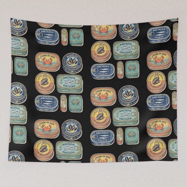 Item preview, Mid Century Colorful Canned Seafood Flatlay designed and sold by CRAZY&ART.