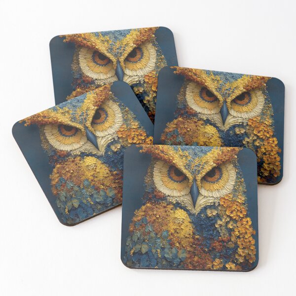 Item preview, Floral Owl Art, Golden Amber Wildflowers Navy Blue Impasto Illustration designed and sold by daila70.