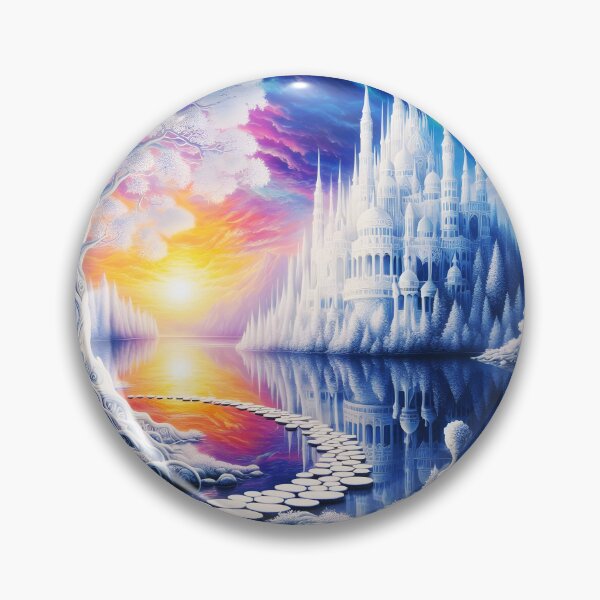 Item preview, White Ice Castle Palace – Frozen Lake Fantasy World at Sunset designed and sold by EmeraldeaArt.