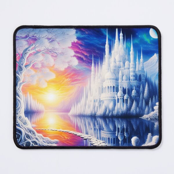 Item preview, White Ice Castle Palace – Frozen Lake Fantasy World at Sunset designed and sold by EmeraldeaArt.