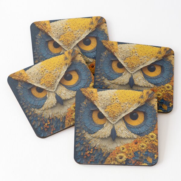 Item preview, Botanical Owl Portrait, Golden Wildflowers Deep Blue Impasto Art designed and sold by daila70.
