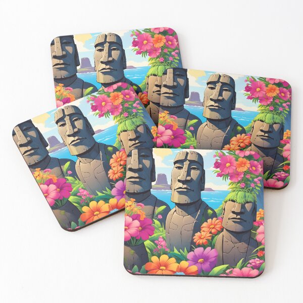 Item preview, Easter Island Moai Sculptures – Floral Fantasy Art Illustration designed and sold by EmeraldeaArt.