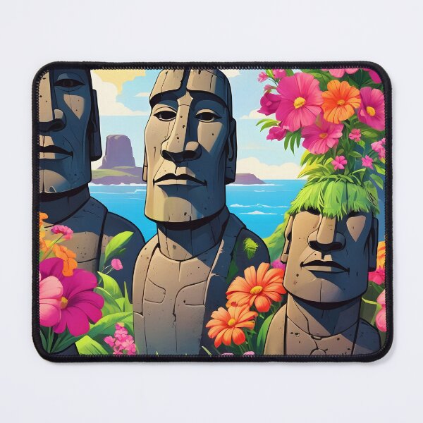 Item preview, Easter Island Moai Sculptures – Floral Fantasy Art Illustration designed and sold by EmeraldeaArt.