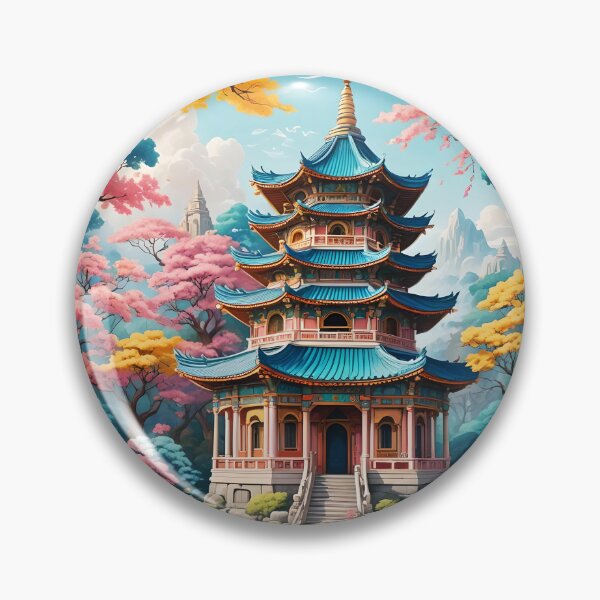 Item preview, Floral Blooming Pagoda – Chinese Fantasy Garden Illustration designed and sold by EmeraldeaArt.