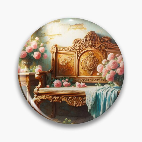 Item preview, Vintage Bench by Sunny Window – Light Blue Drapes and Pink Peonies Still Life designed and sold by EmeraldeaArt.