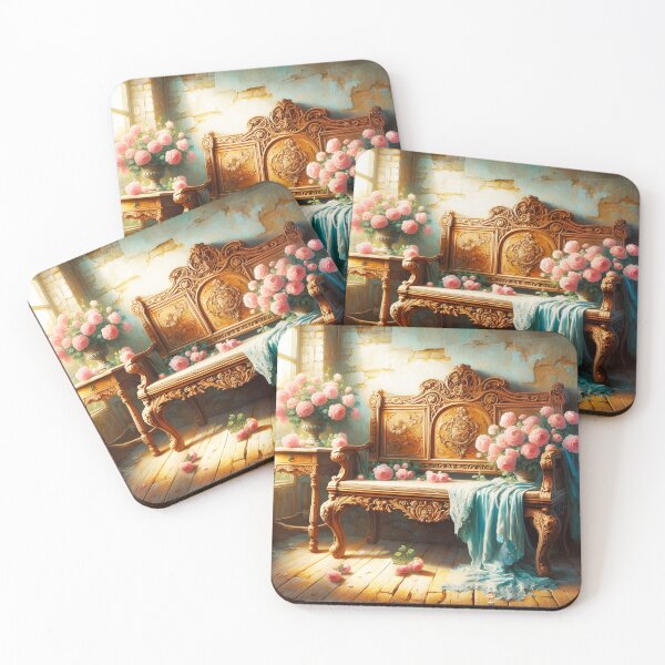 Item preview, Vintage Bench by Sunny Window – Light Blue Drapes and Pink Peonies Still Life designed and sold by EmeraldeaArt.