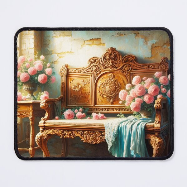 Item preview, Vintage Bench by Sunny Window – Light Blue Drapes and Pink Peonies Still Life designed and sold by EmeraldeaArt.
