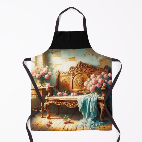 Item preview, Vintage Bench by Sunny Window – Light Blue Drapes and Pink Peonies Still Life designed and sold by EmeraldeaArt.