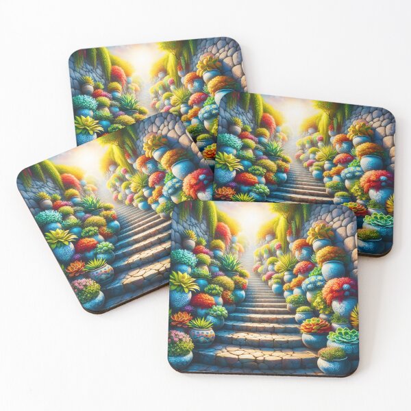 Item preview, Mediterranean Stairs – Blooming Succulents in Terracotta Pots on Sunlit Steps designed and sold by EmeraldeaArt.