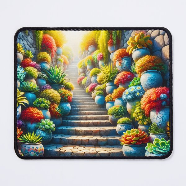Item preview, Mediterranean Stairs – Blooming Succulents in Terracotta Pots on Sunlit Steps designed and sold by EmeraldeaArt.