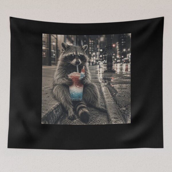 Item preview, 4th of July Raccoon Drinking Patriotic Slushie Funny American Meme designed and sold by FreshVibe Prints.