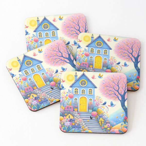 Item preview, Light Blue House – Children’s Book Illustration with Birds Flowers Pink Tree and Stairs designed and sold by EmeraldeaArt.