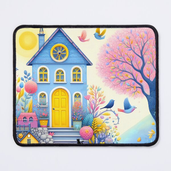 Item preview, Light Blue House – Children’s Book Illustration with Birds Flowers Pink Tree and Stairs designed and sold by EmeraldeaArt.