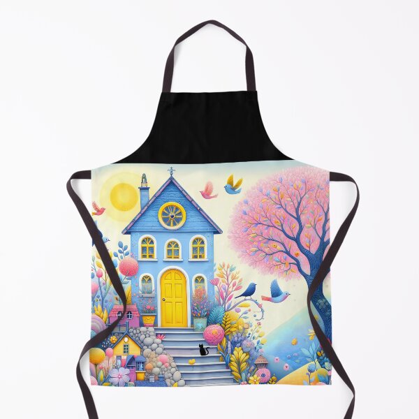 Item preview, Light Blue House – Children’s Book Illustration with Birds Flowers Pink Tree and Stairs designed and sold by EmeraldeaArt.