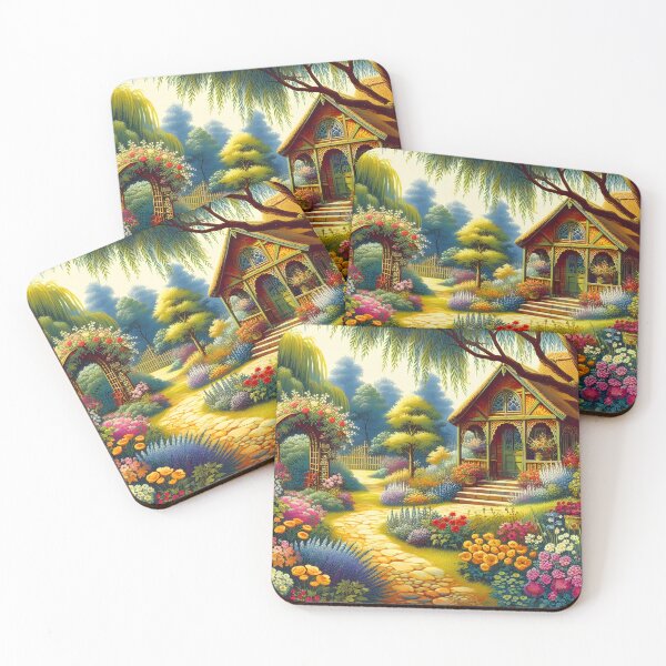 Item preview, Floral English Garden Terrace – Summer Bloom with Trellis and Climbing Roses designed and sold by EmeraldeaArt.