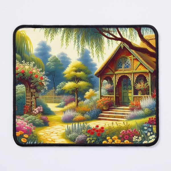Item preview, Floral English Garden Terrace – Summer Bloom with Trellis and Climbing Roses designed and sold by EmeraldeaArt.